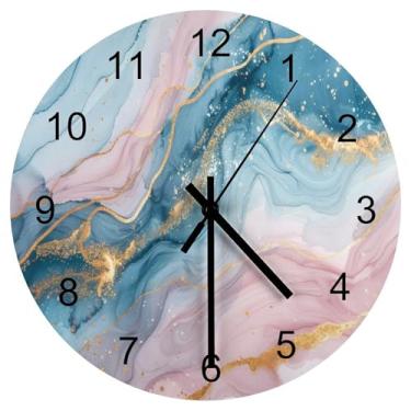 Imagem de LOMADIA Relógio de parede de mármore, silencioso, sem tique-taque, de madeira, moderno, luxuoso, textura de folha rosa, azul, dourado, relógio de parede de mármore, operado por bateria, cozinha