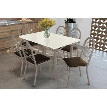 Imagem de Sala de Jantar Completa Elba Tampo Madeirado c/ Vidro 120cm e 6 Cadeiras Holanda Niquel/Off White - Corano Marrom - Kappesberg