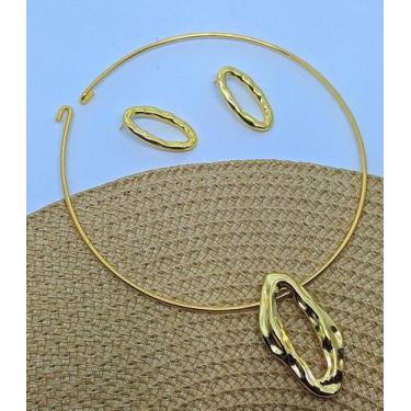 Imagem de Kit Colar e Brincos Choker Aro Liso Rigido com Pingente Oval Orgâncio 