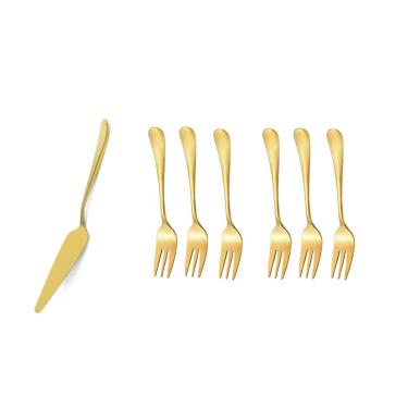 Imagem de Espatula e Garfo de Bolo Dourado Talheres Sobremesa Inox 7un