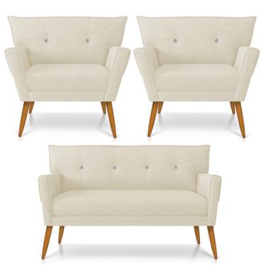 Imagem de Kit 01 Namoradeira 02 Lugares e 02 Poltronas Anitta Linho Areia A27 com Strass Pés Palito Castanho - D?Rossi