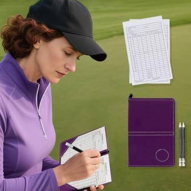 Imagem de Capa de couro para cartão de pontuação de golfe, estatística e rastreamento de pontuação, macio, grosso, impermeável, cartão colorido (roxo)