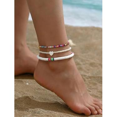 Imagem de Tornozeleira de coração com contas de argila macia em camadas, 3 peças, boêmia, verão, férias, praia, chique, pérola sintética, colorida, com contas, moderna, vintage, pulseira descalço no tornozelo