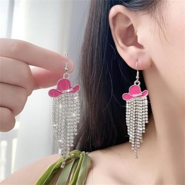 Imagem de Brincos pendentes com borla de strass e chapéu esmaltado de cowgirl ocidental para shows country brilhantes rodeio cowboy roupas joias presente, Middle, Liga de aço, Sem pedra preciosa