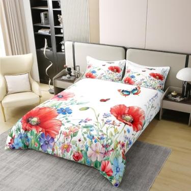 Imagem de Capa de edredom de flores vermelhas de papoula 100% algodão, conjunto de cama floral em aquarela, 3 peças, capa de edredom de plantas naturais, decoração de quarto de crianças, meninas, mulheres