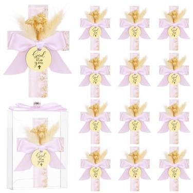 Imagem de 12 conjuntos de lembrancinhas de festa de batismo para convidados de primeira comunhão, ímã de batismo de cruz de madeira com flores para festa de chá de bebê Bless, presente de batismo, revelação de