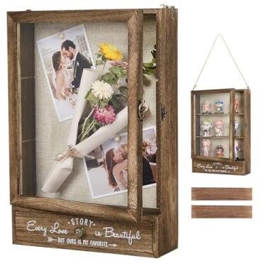 Imagem de AW BRIDAL 11X16 Grandes Porta-Retratos de Caixa de Sombra Caixas de Sombra Profunda Vitrines com Prateleiras e Gavetas Removíveis, Caixas de Memória de Madeira Marrom para Lembranças com Slot