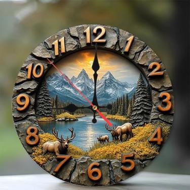 Imagem de Mountain Elk Relógio de parede pôr do sol relógio de parede de madeira de 25 cm, movimento silencioso, perfeito para sala de estar, quarto, banheiro, decoração de casa