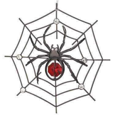 Imagem de Matashi Enfeite de aranha preta para pendurar árvore de Natal com cristais vermelhos e claros – Decoração de teia de aranha da sorte para árvore, decoração sazonal, enfeite de pendurar para presente