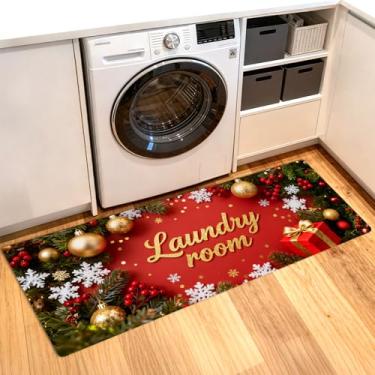 Imagem de ANNA QUEEN Tapete de lavanderia de Natal 50 x 129 cm – Tapete antiderrapante de gnomo vermelho para lavanderia, cozinha, entrada, decoração de férias (sala variada de Natal vermelho)
