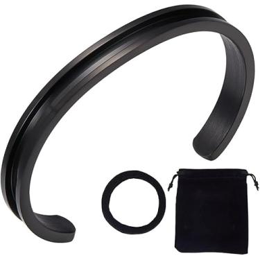 Imagem de 1 pulseira preta ranhurada aberta em branco ranhurada pulseira de 4 mm de aço inoxidável interno de 4 mm pulseiras vazias de metal pulseira incrustada de couro de pedra preciosa com bolsas de veludo