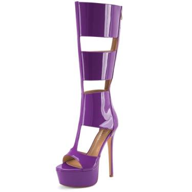 Imagem de Perisis Sandálias gladiadoras plataforma até o joelho para mulheres sexy aberto peep toe salto alto stiletto moda verão vestido festa dança botas com zíper, Patente roxo, 38