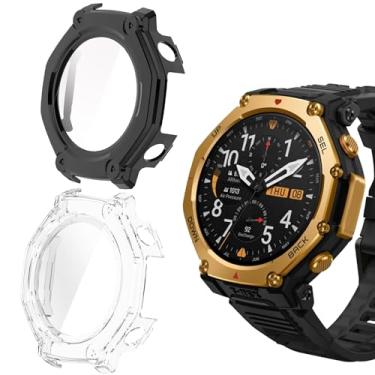 Imagem de Compatível com Amazfit T-Rex 3 Pro, capa rígida de PC Lamshaw com protetor de tela de vidro temperado compatível com smartwatch Amazfit (preto + transparente, para T-Rex 3 Pro)