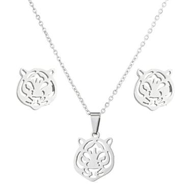 Imagem de QLYOVWE Conjunto de colar de brincos de cabeça de tigre dourado para mulheres e homens, punk, rei da floresta, animal, mascote, time de futebol, espírito, pingente, colar, joia da sorte, presente