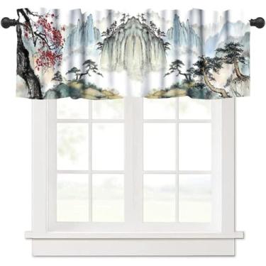Imagem de Moderw Cortina de janela de flor de cerejeira japonesa, vintage, aquarela, pinheiros, chineses, paisagem, decoração de janela, para casa, quinta, sala de jantar, cozinha, 137 x 45 cm