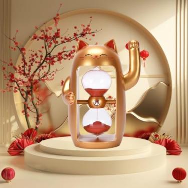 Imagem de Lucky Cat Temporizador de Areia Bonito Ampulheta Maneki-Neko Sandglass Timer reloj de Arena 30 min Relógio de Areia para Jogos de Escova de Dentes Sala de Aula Casa Escritório Cozinha Recepção (Ouro +