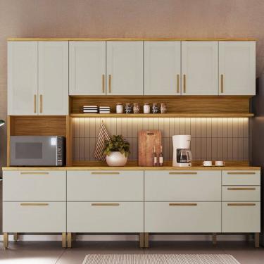 Imagem de Armário de Cozinha Americana com Balcão e Tampo 13 Portas 3 Gavetas Texas 100% Mdf Amêndoa/Off White - Pnr Móveis