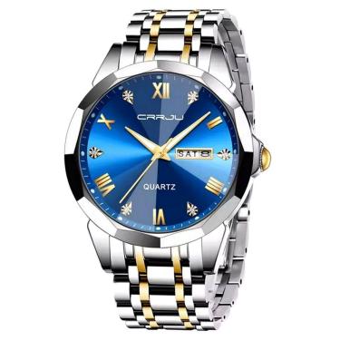 Imagem de Relógio Analógico Masculino De Quartzo Impermeável Em Aço Inoxidável Classico Azul Dourado