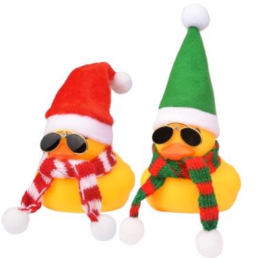 Imagem de MuMyer Enfeites de carro de pato de borracha, pacote com 2 decorações de painel de carro de pato para decoração de Natal e decorações de casa com chapéu e cachecol e óculos de sol (9 cm)