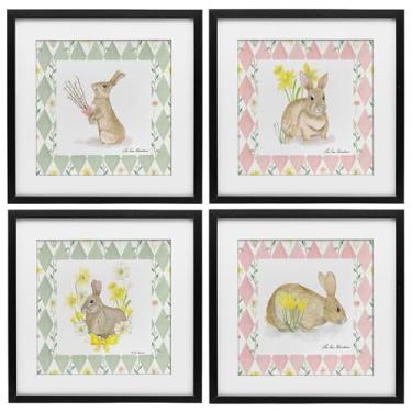 Imagem de Stupell Industries Conjunto de 4 peças Spring Bunnies on Argyle Impressão Emoldurada Cinza sob vidro, design por Lee Ann Sanders, 40,6 x 40,6 cm