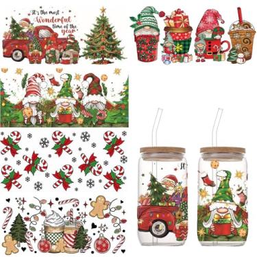 Imagem de Envoltórios de copo DTF UV de Natal - 5 peças vermelho verde anão gengibre homem árvore de natal decalque Uvdtf para garrafa de água de vidro de 473 ml inverno natal bonito muleta carro esfregar em