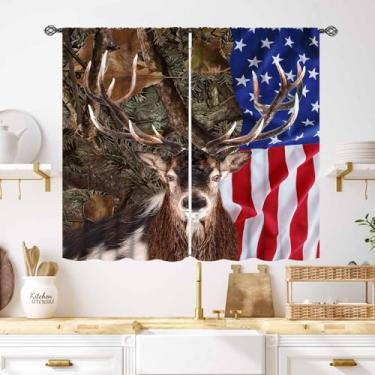 Imagem de Cortinas de caça de cervo, vintage fazenda camuflada floresta vida selvagem caçador de alces camuflagem floresta bandeira americana estilo rural cortinas para quarto sala de estar cozinha janela 69,8