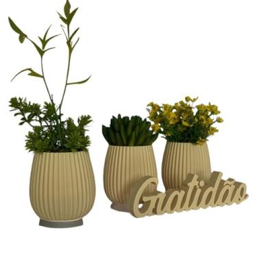 Imagem de Kit 3 Vasos Decorativos Linhas Verticais Com Palavra Gratidão Item decorativo Para Casa(Bege)