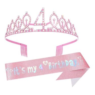 Imagem de ccHuDE Conjunto de coroa de aniversário e faixa de strass brilhante tiara de princesa com glitter faixa de cabelo It's My Birthday faixa de cabelo Happy Birthdays para meninas, 4 Years Old, Sem Pedra
