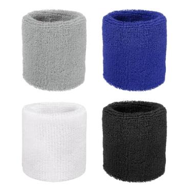 Imagem de YELARXI Pulseiras de suor, pulseiras para esportes de suor 7,6 x 7,6 cm e pacote com 4 e preto/branco/cinza claro/azul escuro adequado para (tênis/basquete, futebol/homens e mulheres)