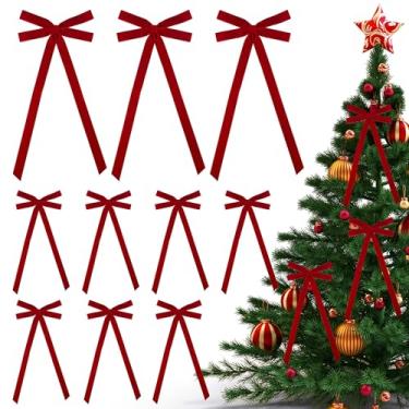 Imagem de WILNUO 12 peças de laços de veludo para árvore de Natal, enfeites de laços vermelhos para guirlanda, guirlanda, sacos de doces, decorações de festa DIY (20 x 43 cm, largura de 2,5 cm)