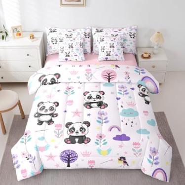 Imagem de Erosebridal Jogo de cama de solteiro para crianças, 7 peças, floral, panda em uma bolsa, com desenho reversível, edredom de flor, lençóis, fronhas e fronhas