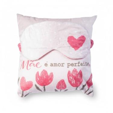 Imagem de Almofada com Tapa Olhos Decorativa, Poliéster, Tema Floral com Corações, Rosa e Branco, 31x28x11 cm, Mãe é Amor Perfeito
