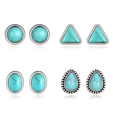 Imagem de RLHRNDE Conjunto de brincos de turquesa para mulheres, requintados, boêmios, pequenos, geométricos, quadrados, ovais, redondos, brincos de flor feitos à mão, pedras preciosas, turquesa, presentes