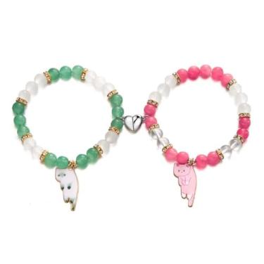 Imagem de DATOA 2 peças de pulseiras fofas de desenho kawaii de gato da amizade de casal pulseiras de coração de animais Y2k pulseira colorida com contas de vidro para mulheres e homens, adjustable, Pedra, Sem