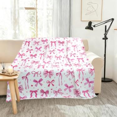Imagem de Cobertor de flanela de laço rosa 127 x 152 cm - manta macia e aconchegante para sofá/cadeira/cama, decoração de casa com laço rosa, presente para meninas mulheres família
