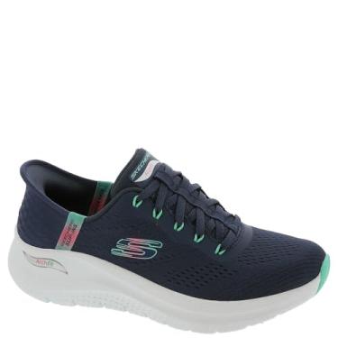 Imagem de Skechers Tênis feminino Arch Fit 2.0 Easy Chic Hands Free Slip-ins, Azul-marinho, turquesa, 11 Wide