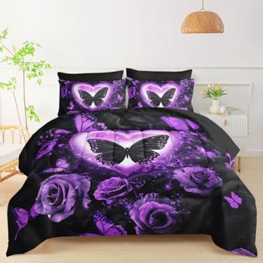 Imagem de QOOMO Jogo de cama solteiro de borboleta roxa com 7 peças, rosa - inclui 1 edredom, 1 lençol com elástico, 1 lençol de cima, 2 fronhas estampadas e 2 fronhas pretas