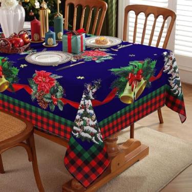 Imagem de SASTYBALE Toalha de mesa de Natal azul redonda de 152 cm - Poinsétia xadrez, lavável, à prova de derramamentos, capa resistente a rugas para jantar de Natal, férias de inverno e festas de ano novo