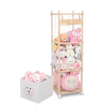 Imagem de JoyPcsTable Zoológico de armazenamento de animais de pelúcia com gaveta de tecido removível e rodas de bloqueio, organizador de brinquedos de madeira 2 em 1 para suporte de brinquedo de pelúcia para