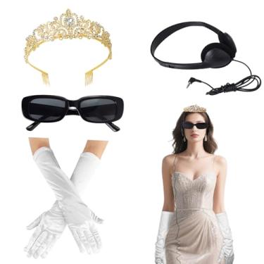 Imagem de IHFAIO Acessórios de fantasia de princesa, tiara de princesa, coroas de cristal, luvas de cetim de vidro vintage, festa de Halloween, pacote com 4