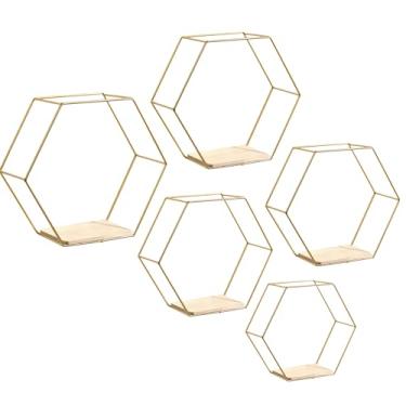Imagem de Prateleira flutuante | Conjunto de prateleiras flutuantes hexagonais | Rack de armazenamento de metal decorativo moderno para plantas de livros internos