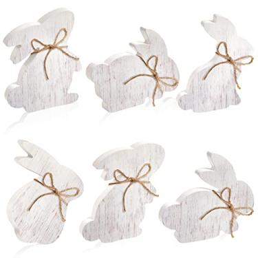 Imagem de 6 peças de placas de madeira de coelho da páscoa em forma de coelho decoração de casa de fazenda branca primavera coelhinho de madeira mesa de mesa de mesa de jantar placa de decoração de coelho de madeira com corda (clássico)