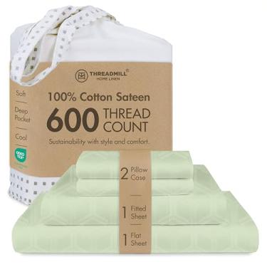 Imagem de Threadmill Lençóis 100% algodão para cama queen size - Jogo de lençóis Queen 600 fios com bolso profundo de 40,6 cm - Conjunto de cama de 4 peças de cetim jacquard com efeito refrescante, verde sálvia