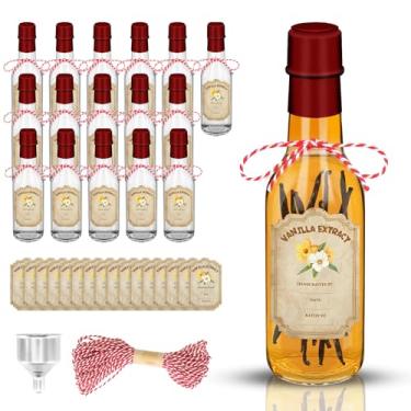 Imagem de Fimyyao Pacote com 16 frascos de extrato de baunilha de 142 g com tampas, etiquetas, faixas retráteis e funil – Ideal para xarope, óleos essenciais e extratos caseiros para presentear