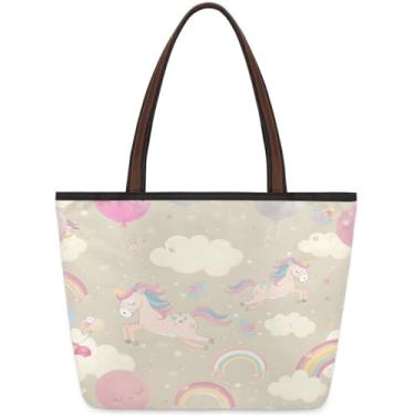 Imagem de Sacola grande feminina unicórnio arco-íris nuvem linda bolsa de trabalho com zíper reutilizável bolsa de mão de mercearia casual viagem durante a noite bolsas adequadas para viagens, trabalho, férias
