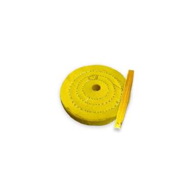 Imagem de CM POLIMENTO, Roda Algodão Resinado Amarelo 12,5cm - Alto Brilho Metais Aluminio Inox Faca Ferramentas Roda Tanque