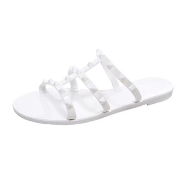 Imagem de OMGard Sandálias rasteiras femininas, sapatos cravejados de gelatina tamanho 9 vermelho elegante verão praia rebites tiras geleias deslizantes nos dedos abertos, Plástico branco cravejado, 36