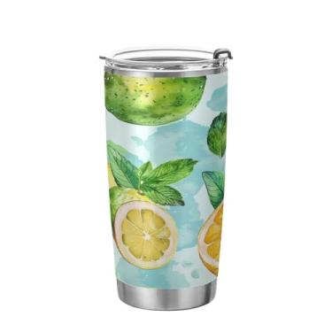 Imagem de xigua Copo de limão de verão com tampa de palha, caneca de viagem a vácuo de parede dupla, caneca de café bem isolada, copo de aço inoxidável para bebidas quentes e frias, 600 ml