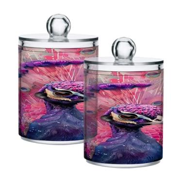 Imagem de ATTX Dispensador de suporte de ponta de pavão em aquarela para bola de algodão, cotonete, frasco de boticário de plástico transparente, pote de armazenamento de cozinha para decoração de casa, pacote