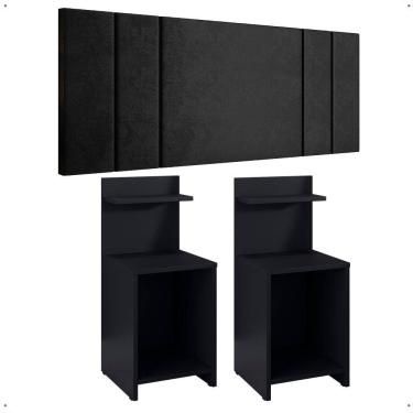 Imagem de Kit Quarto 2 Mesinhas Lateral Fantasy Preto Prateleira Nicho Cabeceira Luana Suspensa Cama Box Casal 1,40 Suede - Lojas RPM